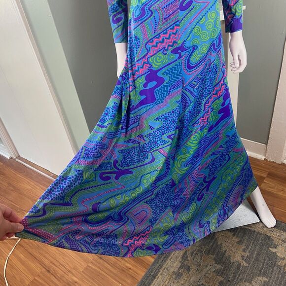 Vintage 70s Gay Gibson Psychedelic Ruffle Flutter Sleeve Maxi Dress Abstract S/M - Picture 6 of 15